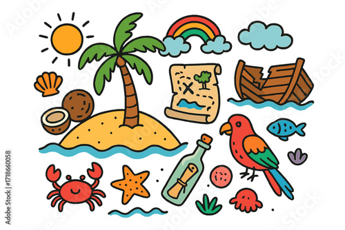 Deserted Island Adventure. Colorful Hand-drawn doodle Children illustration deserted island palm tree, broken boat, treasure map,
