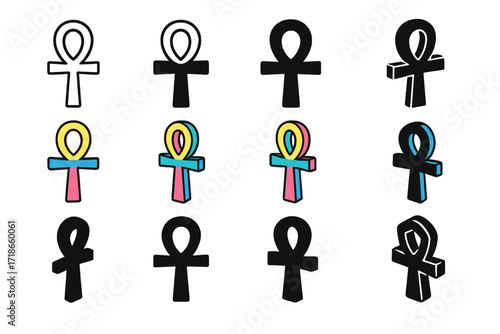 Ankh Cross Logo Variations. Set Logo of Cross Symbol: Ankh cross. Logo set in vector style, emblematic variations. line, bold thick line, solid black filled,