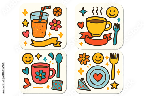 Colorful Doodle Coasters. Colorful Hand-drawn doodle Children illustration Colorful Drink Coasters coaster set, bright patterns,
