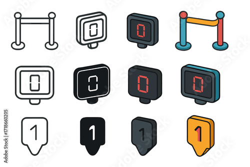Queue Management Icons. Icon Set of Queue Management: Barrier post, Digital ticket display, Queue number card. Icons set in vector style, emblematic
