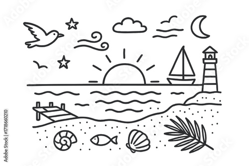 Sunset Ocean Doodle. Hand-drawn doodle illustration Sunset over ocean [waves, sun half-set, sailboat, lighthouse, seagull, beach, shell, cloud, breeze lines,