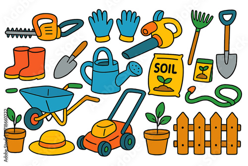 Colorful Gardening Tools Icons. Colorful Hand-drawn doodle Children illustration Gardening power tools hedge trimmer, leaf blower,