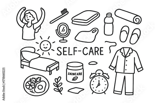 Self-Care Essentials. Self-care. Hand-drawn doodle illustration self-care stretching arms, toothbrush, towel, mirror, water bottle, yoga mat, slippers, sun,