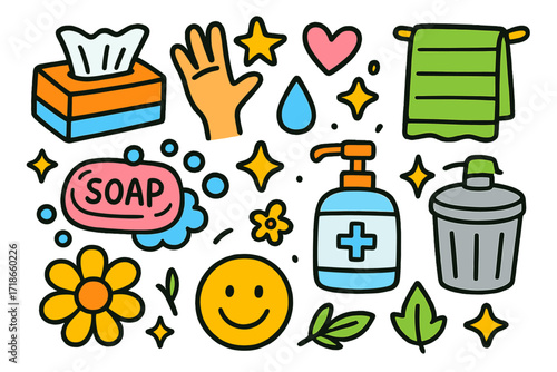 Colorful Hygiene Doodles. Everyday use. Colorful Hand-drawn doodle Children illustration tissue sheet, tissue box, hand, soap, towel, sanitizer, star, heart,