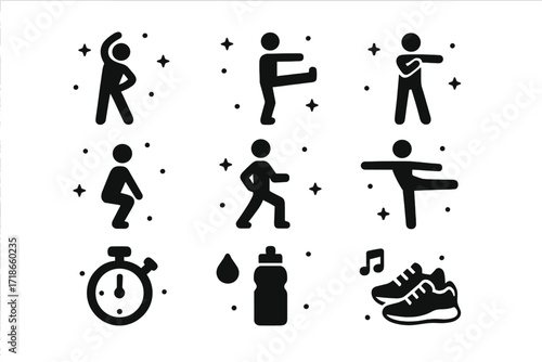 Dance Warmup Icons. Dance Warmup. Solid icons set of dance warmup: stretching figure, leg lift, arm stretch, squat pose, lunges, balance pose, stopwatch, sweat