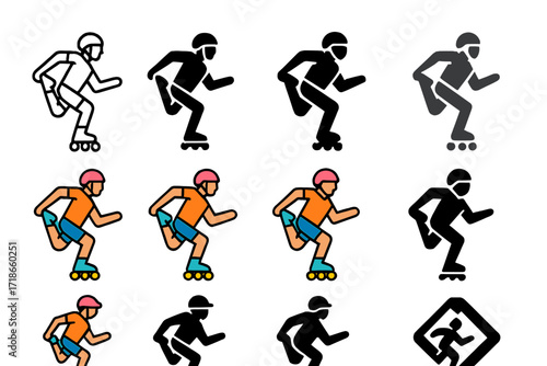 Athlete Warm-Up Logo Set. Set Logo of Athletes Warming Up: Skater dynamic warm-up. Logo set in vector style, emblematic variations. line, bold thick line,