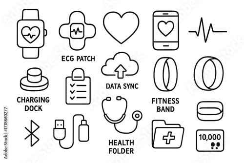 Heart Health Wearables. Hand-drawn doodle illustration heart health tracking wearable watch, ECG patch, smartphone with app, heart icon, pulse graph, charging