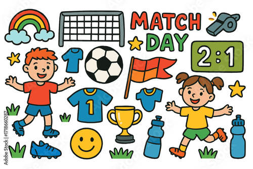 Playful Soccer Doodles. Colorful Hand-drawn doodle Children illustration Soccer Match Day [soccer net, soccer ball, referee whistle, jersey, cleats, trophy,