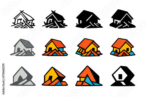 Village Logo Variations. Set Logo of Devastated village: Collapsed wooden house. Logo set in vector style, emblematic variations. line, bold thick line, solid