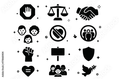 Symbolic Anti-Discrimination Icons. Anti-Discrimination. Solid icons set of stop sign, equality scale, handshake, diverse faces, no hate symbol, inclusive