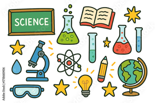 Colorful Science Doodles. Science education. Colorful Hand-drawn doodle Children illustration chalkboard, book, test tube, beaker, flask, microscope, atom,