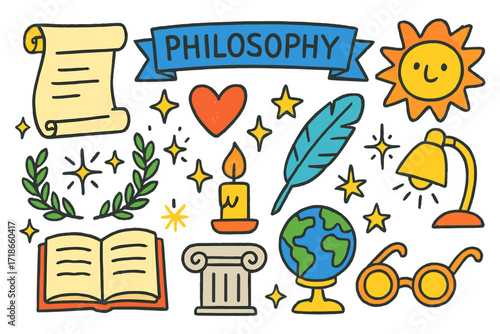 Philosophical Symbols Doodle. Philosophy. Colorful Hand-drawn doodle Children illustration scroll, book, feather quill, laurel wreath, candle, star, heart,
