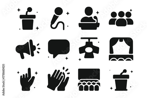 Public Speaking Icons. Public speaking. Solid icons set of public speaking: podium, microphone, speaker silhouette, audience, megaphone, speech bubble,
