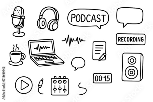 Podcast Recording Essentials. Hand-drawn doodle illustration Podcast recording session microphone, headphones, podcast logo,