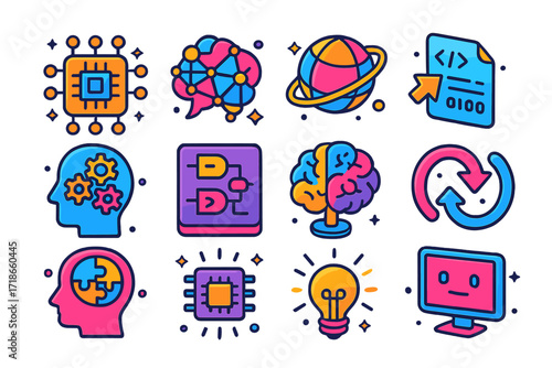 Colorful AI Icons. Colorful isometric vector icons set of artificial general intelligence: neural net core, cognitive map, knowledge orb, self-improving code,
