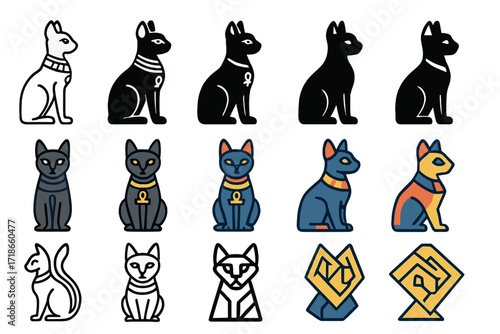 Egyptian Sacred Cat Logos. Set Logo of Animals as Symbols of Cultural Significance: Egyptian Sacred Cat. Logo set in vector style, emblematic variations. line,