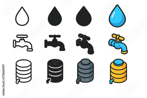 Water Conservation Icons. Icon Set of Water Conservation: Droplet, Water tap, Rainwater tank. Icons set in vector style, emblematic variations. Droplet line,