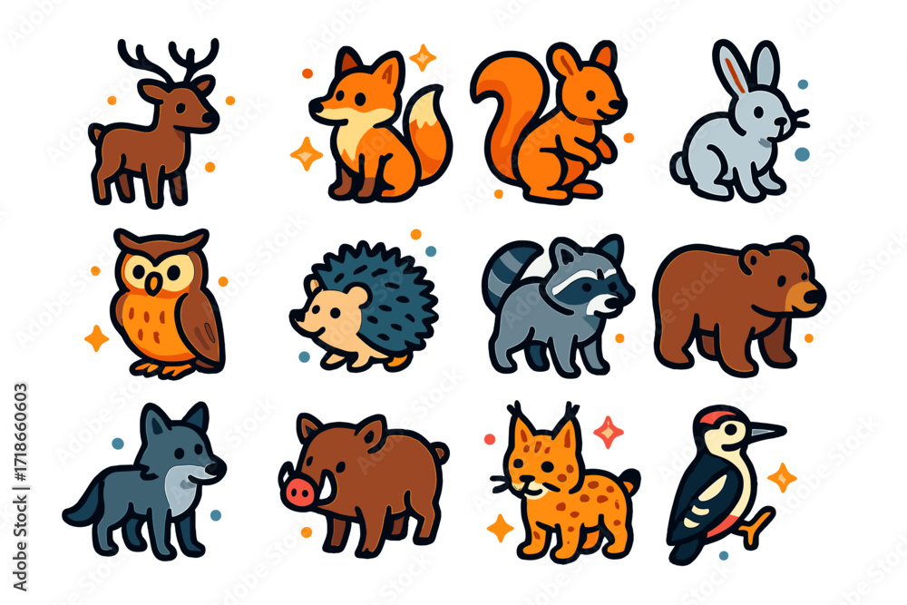 Obraz premium Isometric Forest Animal Icons. Forest animals. Colorful isometric vector icons set of forest animals: deer, fox, squirrel, rabbit,