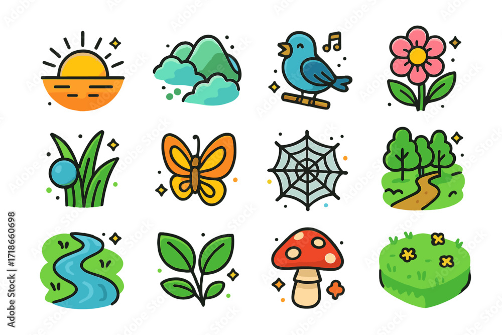 Obraz premium Morning Nature Icons. Nature morning. Colorful isometric vector icons set of nature morning: sunrise, misty hills, chirping bird, blooming flower, dew on