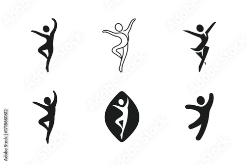Harmonious Dance Logos. Dance. Set Logo of Dance: Dancer silhouette. 6 harmonious logo variations of the same emblematic concept,