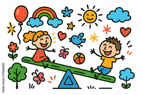 Joyful Playground Doodles. Colorful Hand-drawn doodle Children illustration Seesaw with Laughter [seesaw, child, balloon, heart, star, rainbow, spark, smiling