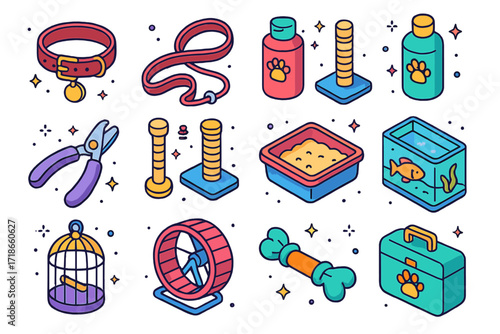 Pet Care Icons. Pet Care. Colorful isometric vector icons set of Pet Care: dog collar, leash, grooming brush, shampoo bottle, nail