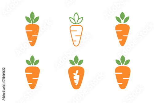 Carrot Logo Variations. Nutrition. Set Logo of Nutrition: Carrot. harmonious logo variations of the same emblematic concept, each with different artistic
