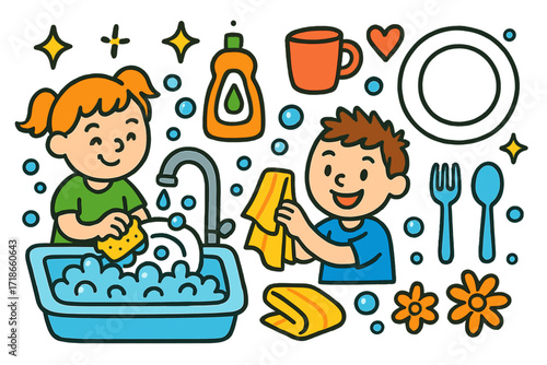 Children Washing Dishes. Colorful Hand-drawn doodle Children illustration Washing Dishes sink, faucet, sponge, bubbles, dish soap,