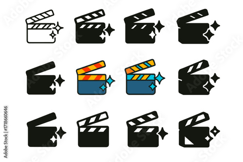 Clapperboard Logo Variations. Set Logo of Content Series Branding: clapperboard with digital spark. Logo set in vector style, emblematic variations. line, bold
