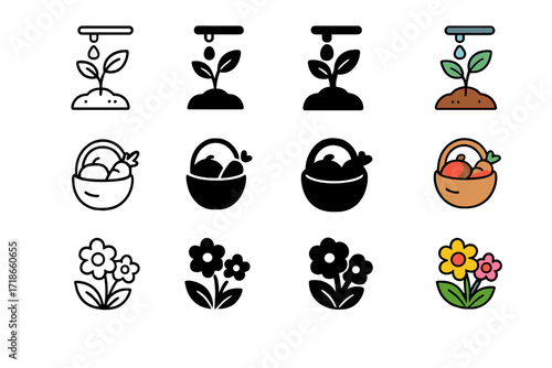 Drip Irrigation Icon Set. Icon Set of Drip Irrigation Results: Healthy plant, Harvest basket, Blooming flowers. Icons set in vector style, emblematic