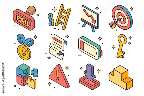 Failure Icons Set. Colorful isometric vector icons set of Failure experiences: fail stamp, broken ladder, down arrow chart, missed target, bent medal, ruined
