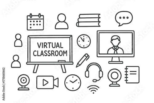 Virtual Classroom Doodle. Hand-drawn doodle illustration Virtual classroom [chalkboard, computer, student icon, calendar, books, chat icon, pen, webcam, video