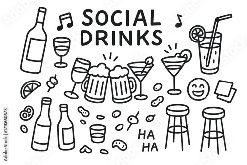 Cheers and Laughter Doodles. Social drinks. Hand-drawn doodle illustration social drinks clinking glasses, beer mugs, cocktail glasses, wine glasses, shot