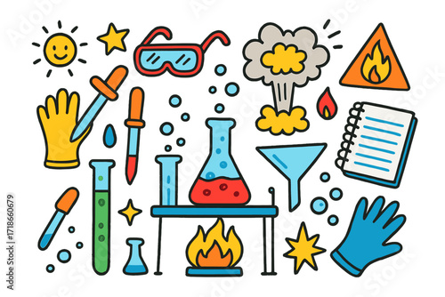 Colorful Chemistry Doodle. Colorful Hand-drawn doodle Children illustration chemistry experiment test tube, beaker, flask, explosion cloud, fire symbol,