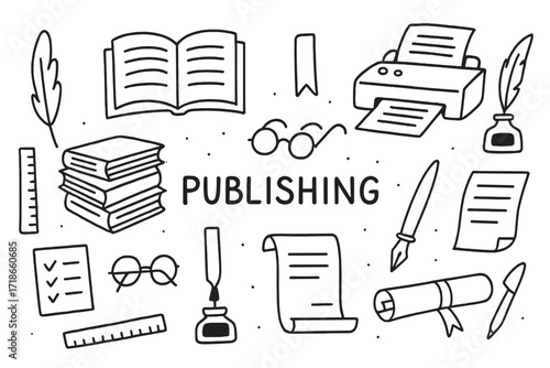 Publishing Tools Doodle. Publishing. Hand-drawn doodle illustration open book, stack of books, printer, typewriter, scroll, ink pen, paper sheets, ruler,