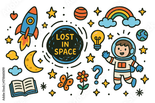 Space Adventure Doodles. Colorful Hand-drawn doodle Children illustration Lost in Space of Ideas black hole, astronaut child,
