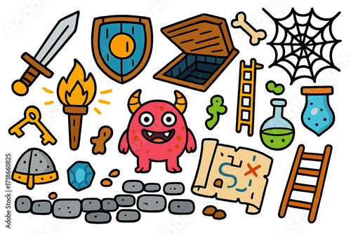 Colorful Dungeon Adventure. Colorful Hand-drawn doodle Children illustration Dungeon crawl sword, shield, trapdoor, smiling monster, cobweb, torch, bones,
