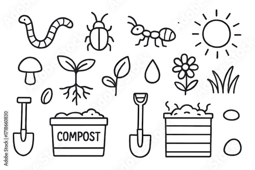 Healthy Soil Doodles. Hand-drawn doodle illustration healthy soil ecosystem worm, beetle, ant, root, sprout, seed, mushroom, leaf, flower, grass, water