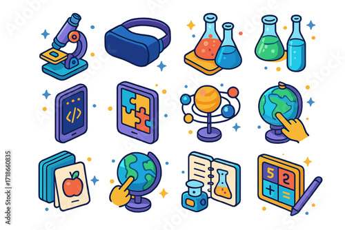 Educational Icon Set. Colorful isometric vector icons set of interactive learning experiences: microscope kit, virtual reality