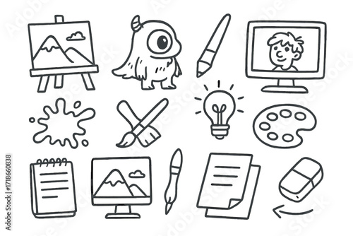 Creative Sketch Tools. Hand-drawn doodle illustration concept art character sketch, landscape, creature, stylus pen, drawing board, sketch lines, paint