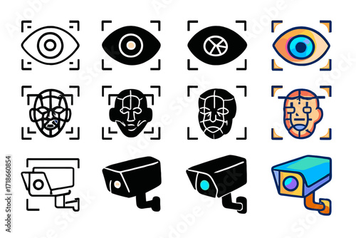 Biometric Icon Set. Icon Set of Biometric Access: Eye scan, 3D face mesh, Recognition camera. Icons set in vector style, emblematic variations. Eye scan line,