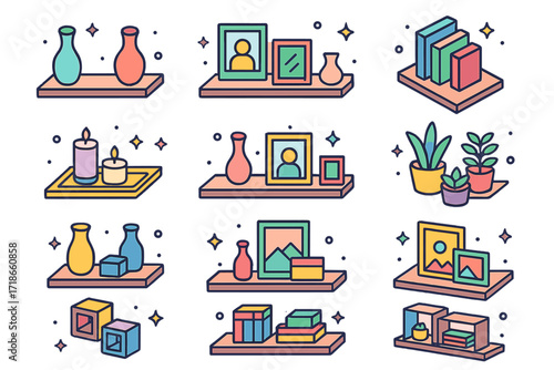 Colorful Shelf Icons. Colorful isometric vector icons set of home shelf styling and spacing: decorative vases spaced apart, framed photo grouping, staggered