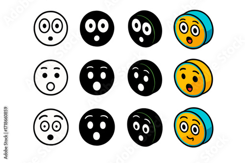 Surprise Emoji Icon Set. Icon Set of Surprised Expressions: Wide eyes face, Open mouth face, Raised brows face. Icons set in vector style, emblematic