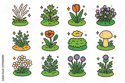 Colorful Steppe Plant Icons. Colorful isometric vector icons set of steppe vegetation and plants: feather grass, sagebrush, wild tulip, thyme patch, saltwort,