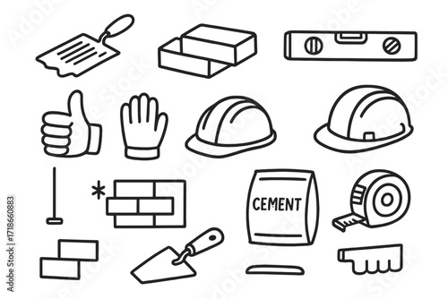 Bricklaying Tools Sketch. Hand-drawn doodle illustration Applying mortar and spacing mortar, trowel, spread lines, brick, level
