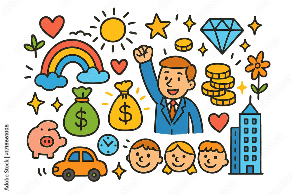 Fototapeta premium Children's Prosperity Doodles. Colorful Hand-drawn doodle Children illustration Wealth and Prosperity businessman, money bag, gold