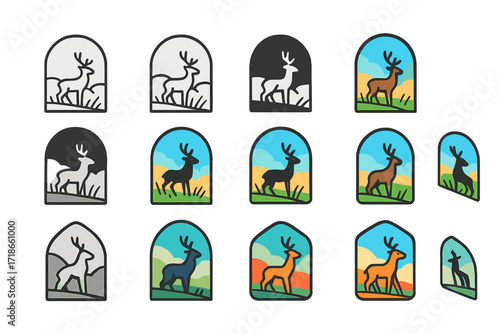 Deer Logo Variations. Set Logo of Morning Fog: Deer in foggy field. Logo set in vector style, emblematic variations. line, bold thick line, solid black filled,