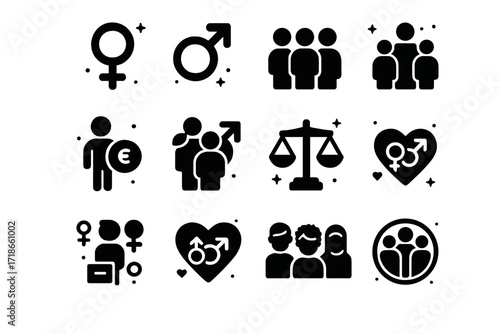 Gender Equality Icons. Gender Equality. Solid icons set of female symbol, male symbol, gender-neutral symbol, equal pay, diverse workplace, balance scale,