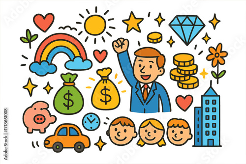 Children's Prosperity Doodles. Colorful Hand-drawn doodle Children illustration Wealth and Prosperity businessman, money bag, gold
