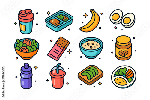 Fitness Nutrition Icons. Colorful isometric vector icons set of Nutrition for Fitness Goals: protein shake, meal prep box, banana, boiled eggs, salad bowl,